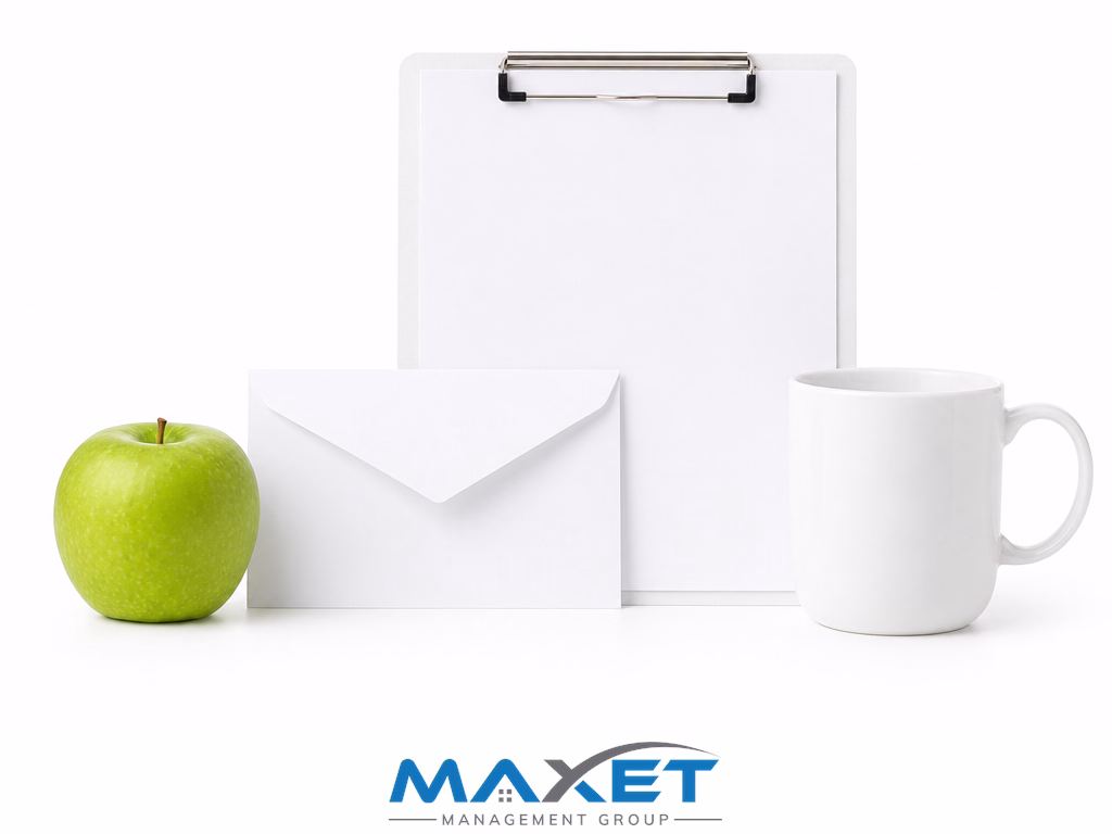 White clipboard with green apple and blank envelope representing board decision documentation for Bay County HOA fiduciary compliance