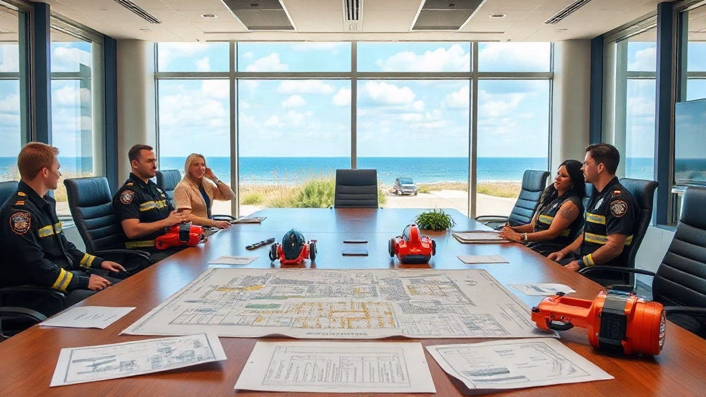 Fire department emergency planning meeting with site plans in a Northwest Florida boardroom