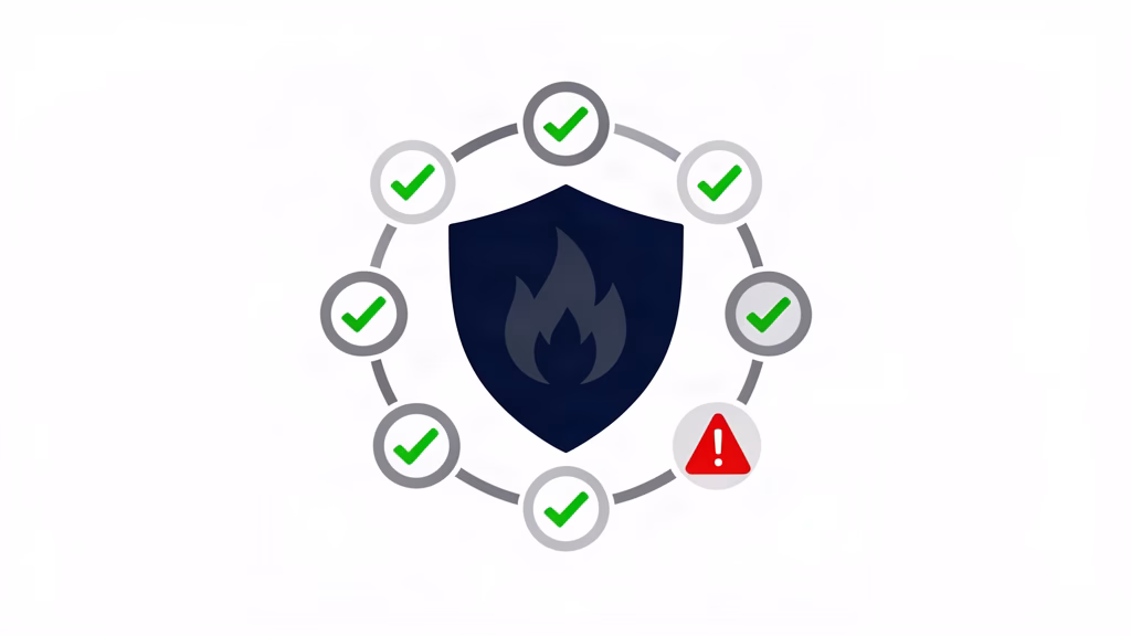 Fire safety compliance shield concept with checkmark and alert indicators for condominium associations