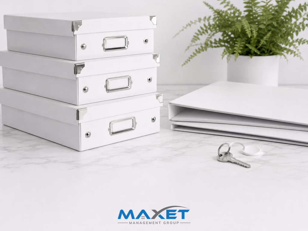 White archive storage boxes and blank folders representing developer document delivery at HOA transition