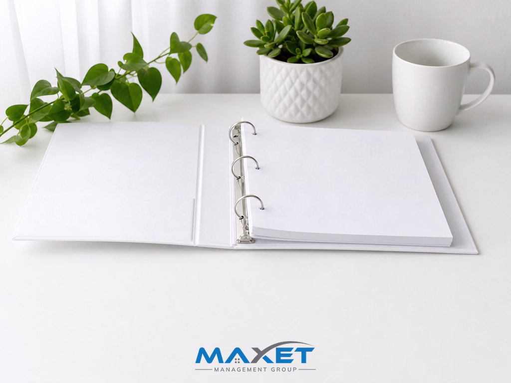 Open blank binder and green succulent representing board review of turnover audit records