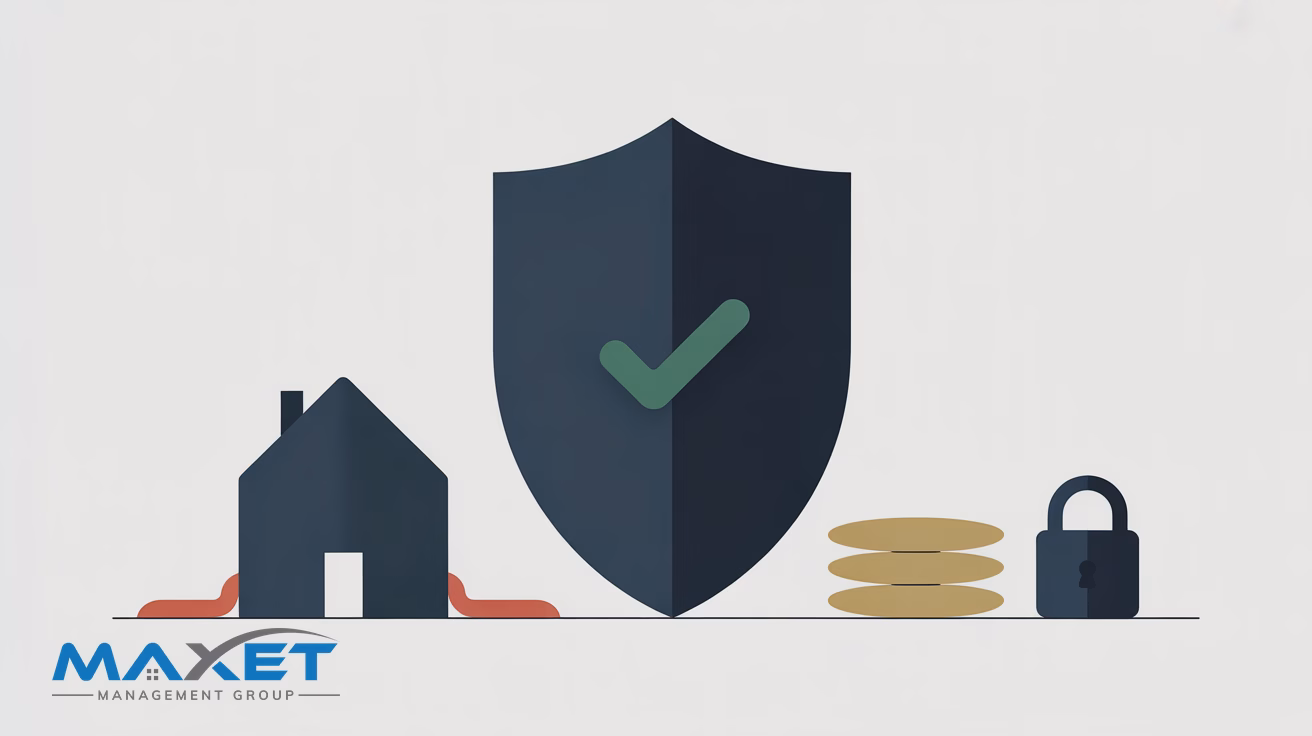 Navy shield with green check, townhome, gold reserve discs, and padlock representing protected reserve planning, branded Maxet Management Group