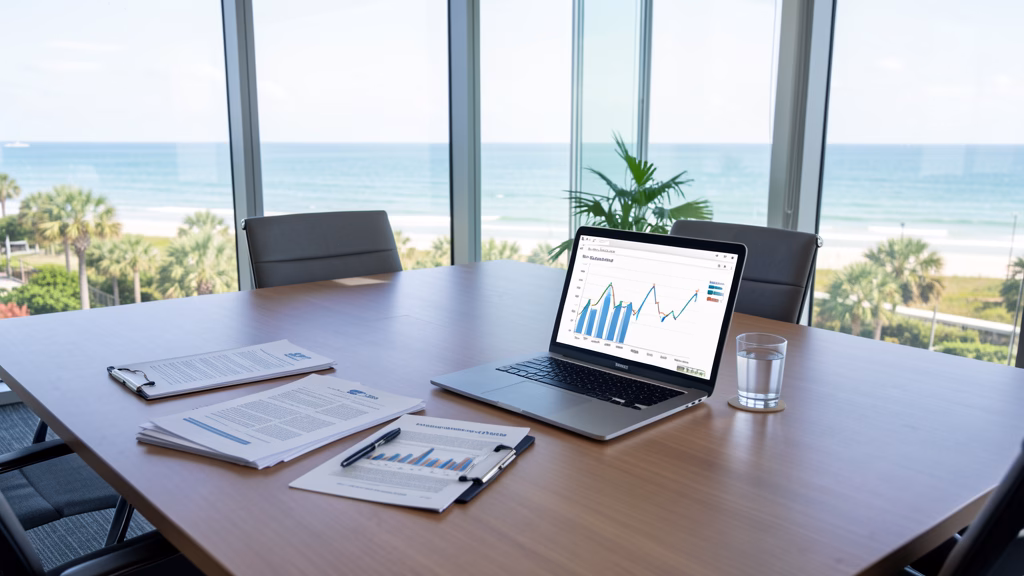 Modern conference table with financial documents and laptop displaying charts in a Northwest Florida coastal office