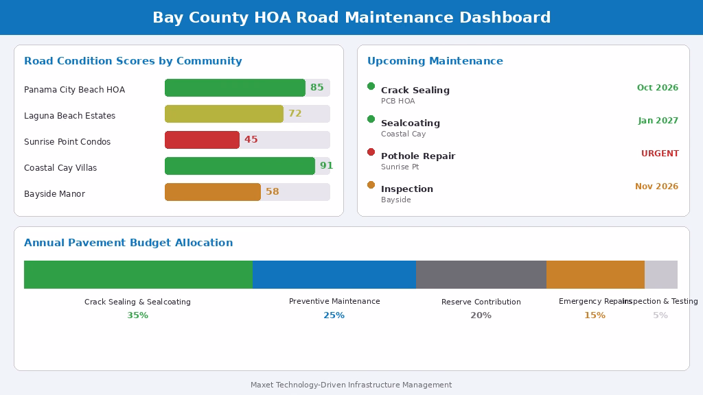 Digital dashboard showing road condition scores and maintenance scheduling for Bay County HOA communities