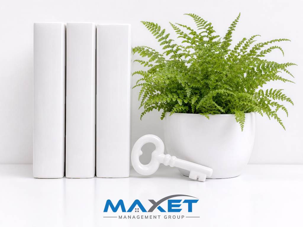 Three blank white binders with a green potted fern on a clean white surface representing organized HOA transition documents