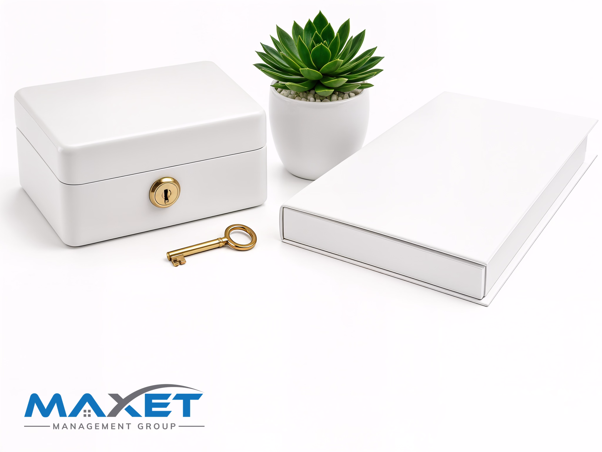 Locked archive box, blank folder, brass compass, and coastal building model representing human oversight