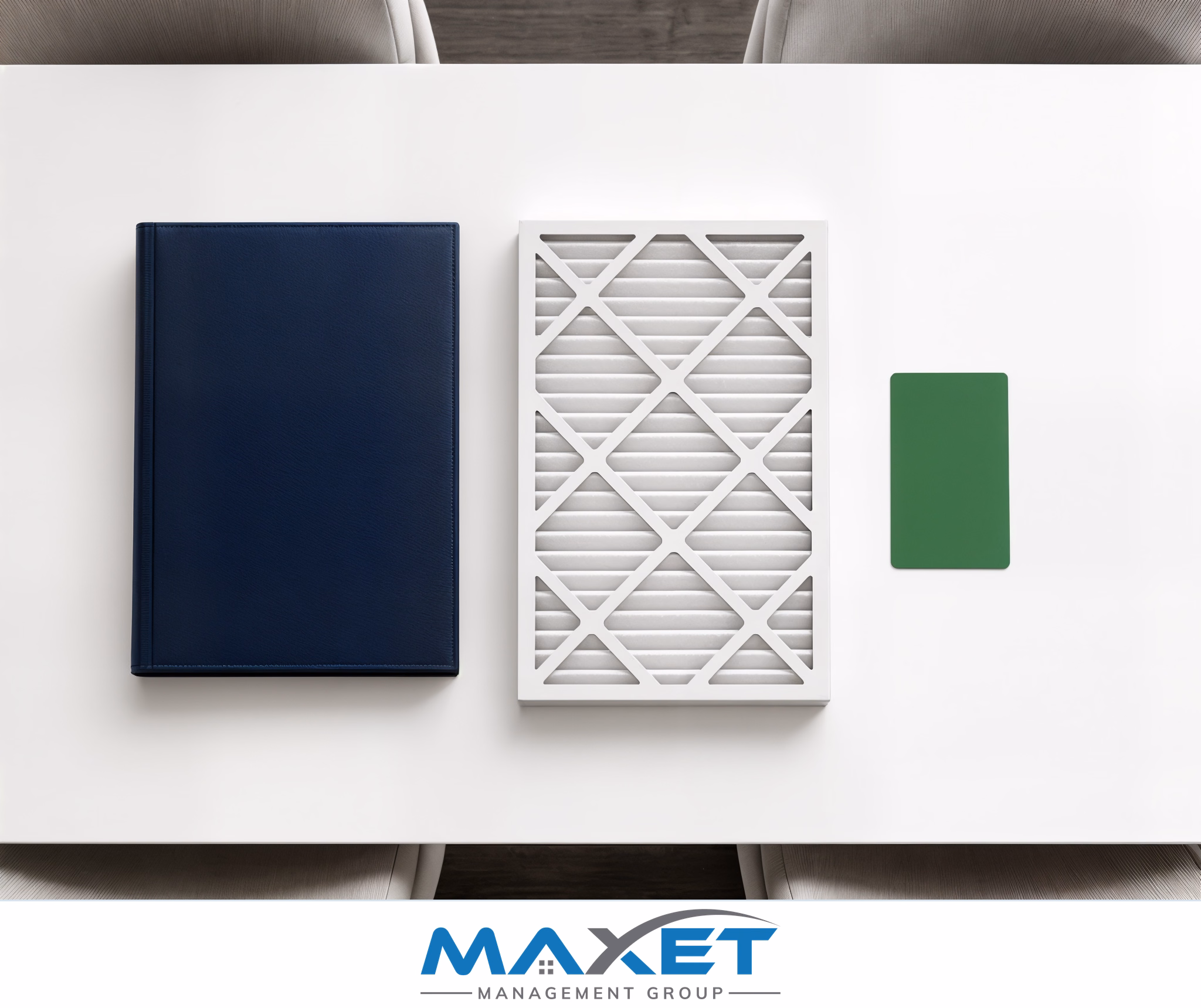 HVAC service documentation binder, air filter, and status card for vendor accountability