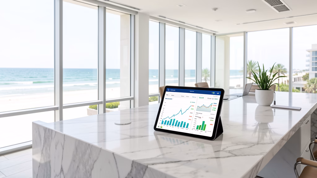 Modern coastal office in Bay County showing digital HOA management