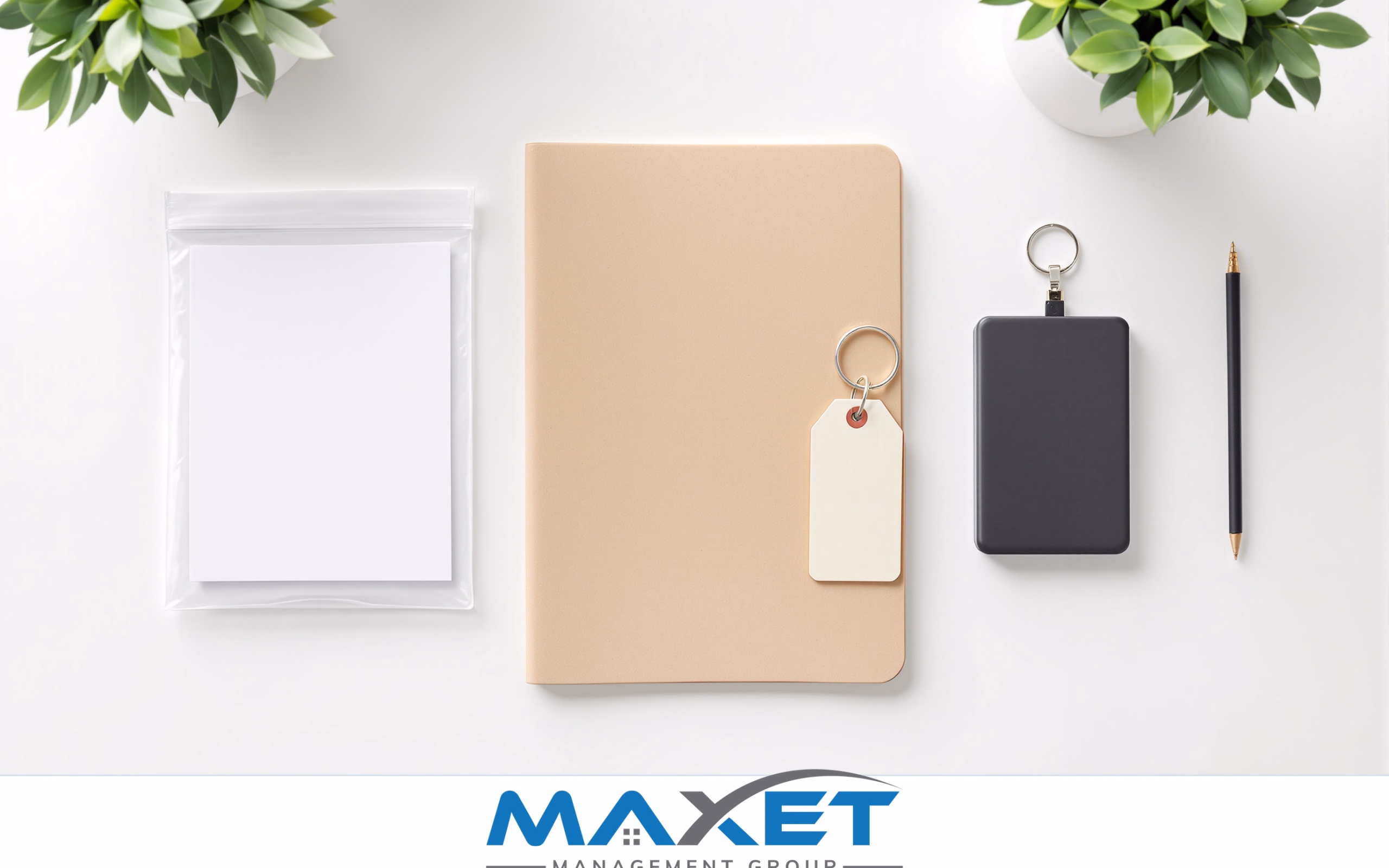 Waterproof document case, manila folder, key ring, and external hard drive for records backup on white surface