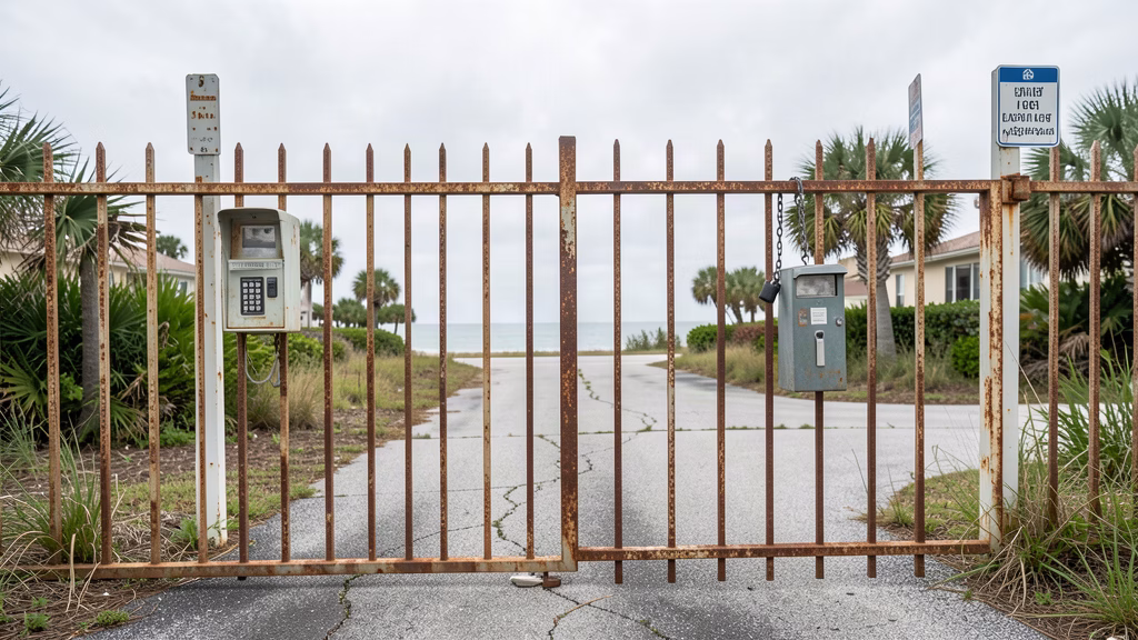 Old rusted iron gate with manual keypad and padlock at a neglected Bay County community entrance