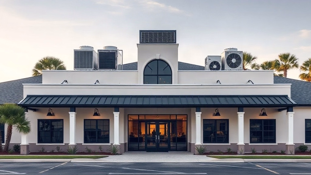 Modern coastal HOA clubhouse with HVAC rooftop units in Northwest Florida