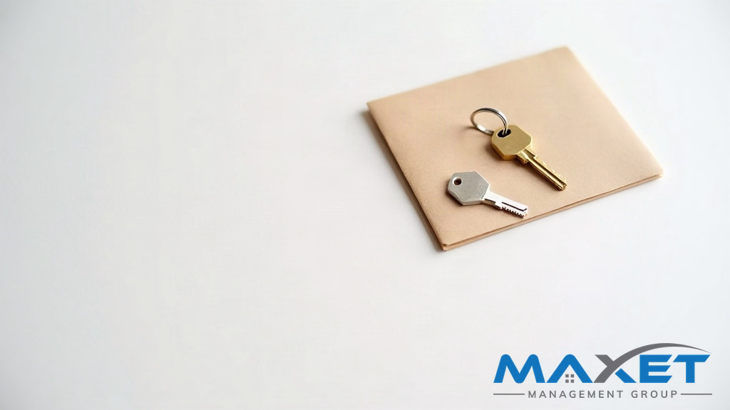 Brass key on blank folder with coastal condominium architectural model representing rental registration oversight