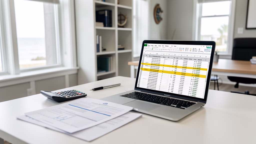 Forensic financial audit documents with calculator and laptop showing spreadsheet discrepancies