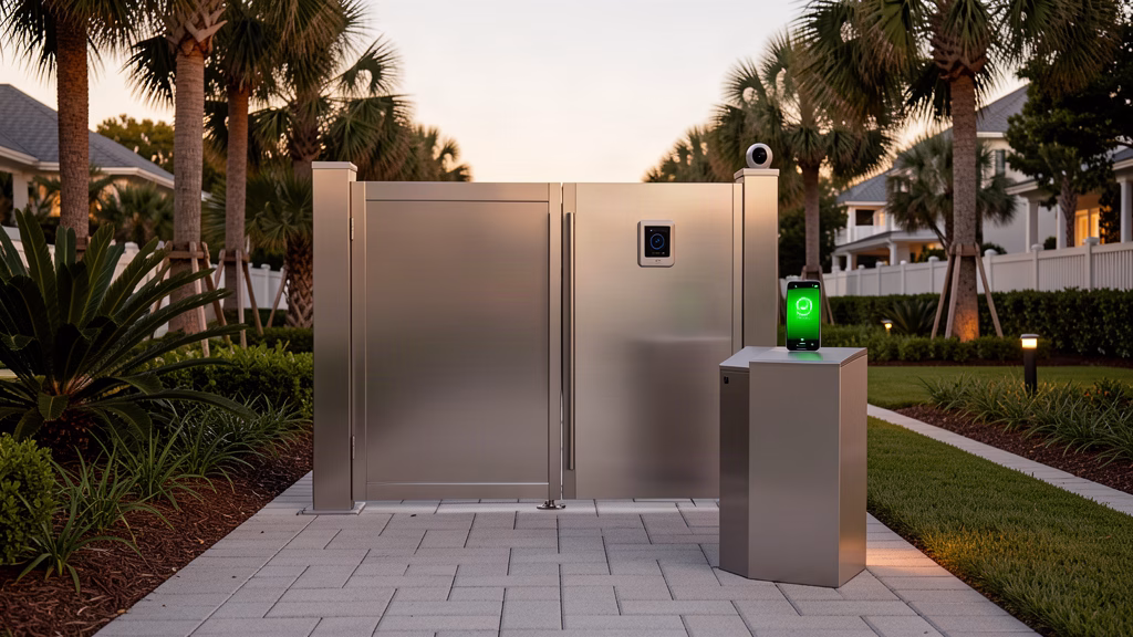 Modern automated community entrance gate with RFID reader and smartphone access in Northwest Florida