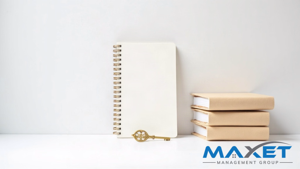 Blank notebook stacked folders and brass key on white desk representing platform-based rental oversight