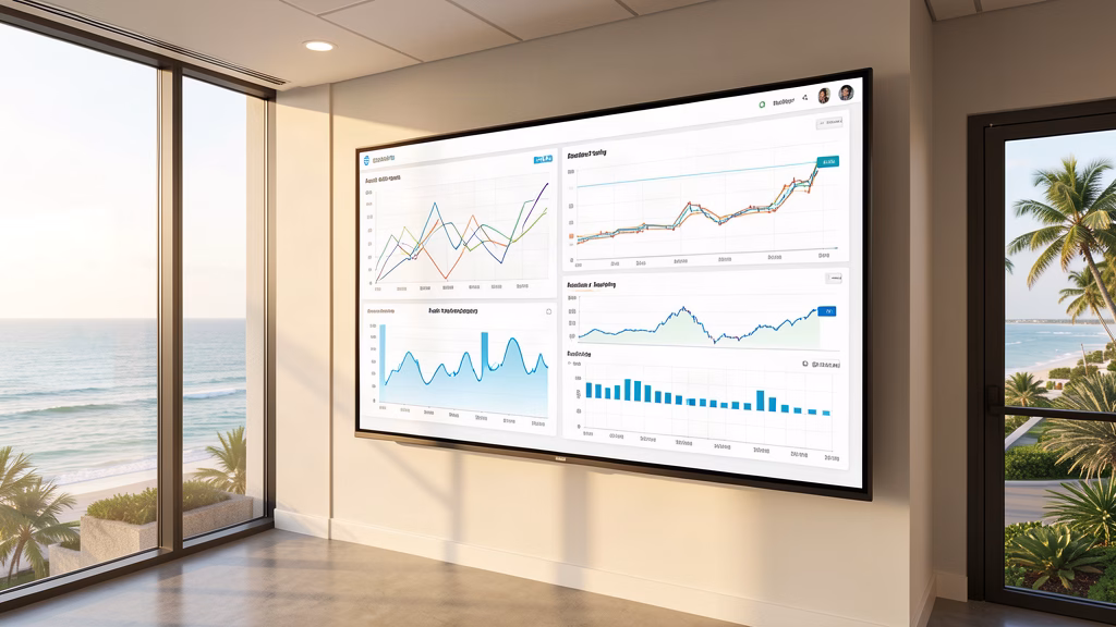 Technology dashboard showing financial monitoring data and audit trail visualization on a large monitor