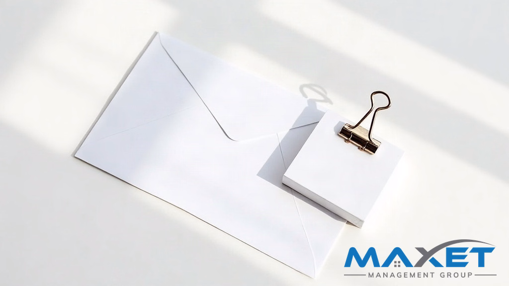 White envelope blank binder clip and brass key on white desk representing enforcement records and documentation