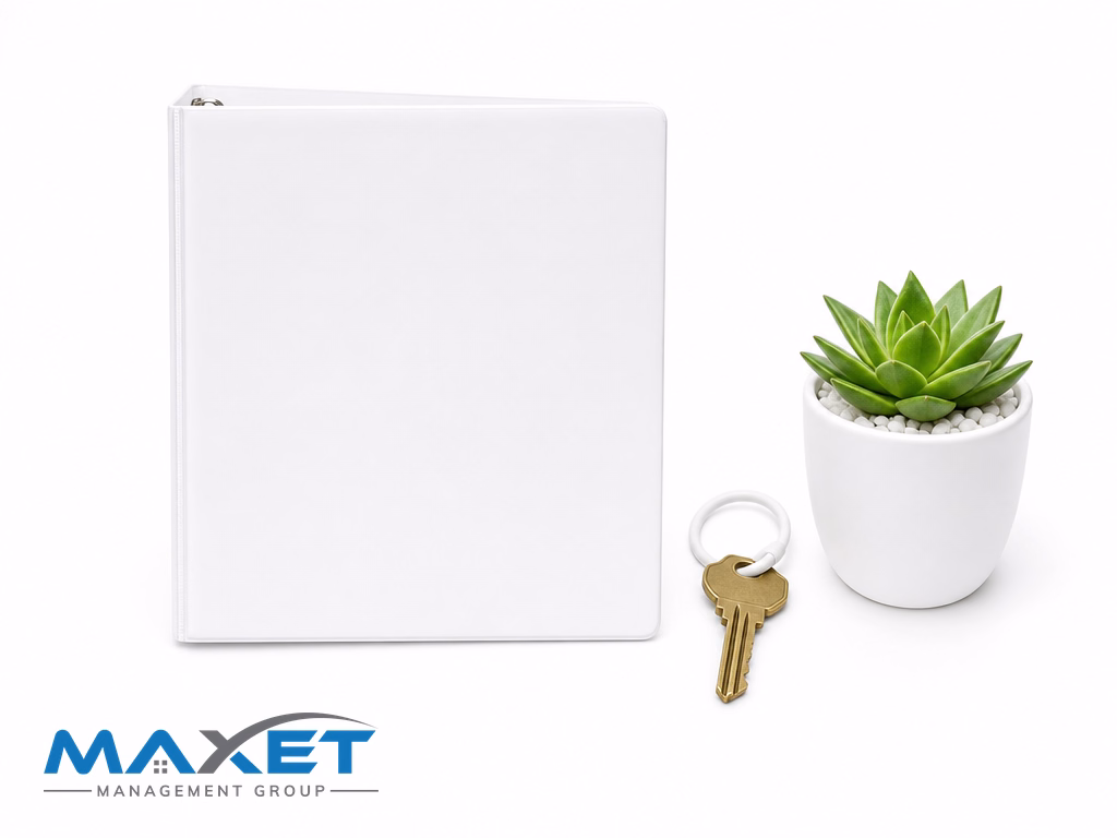Closed white binder, brass key on white ring, and green succulent representing organized governance and financial accounts before closings