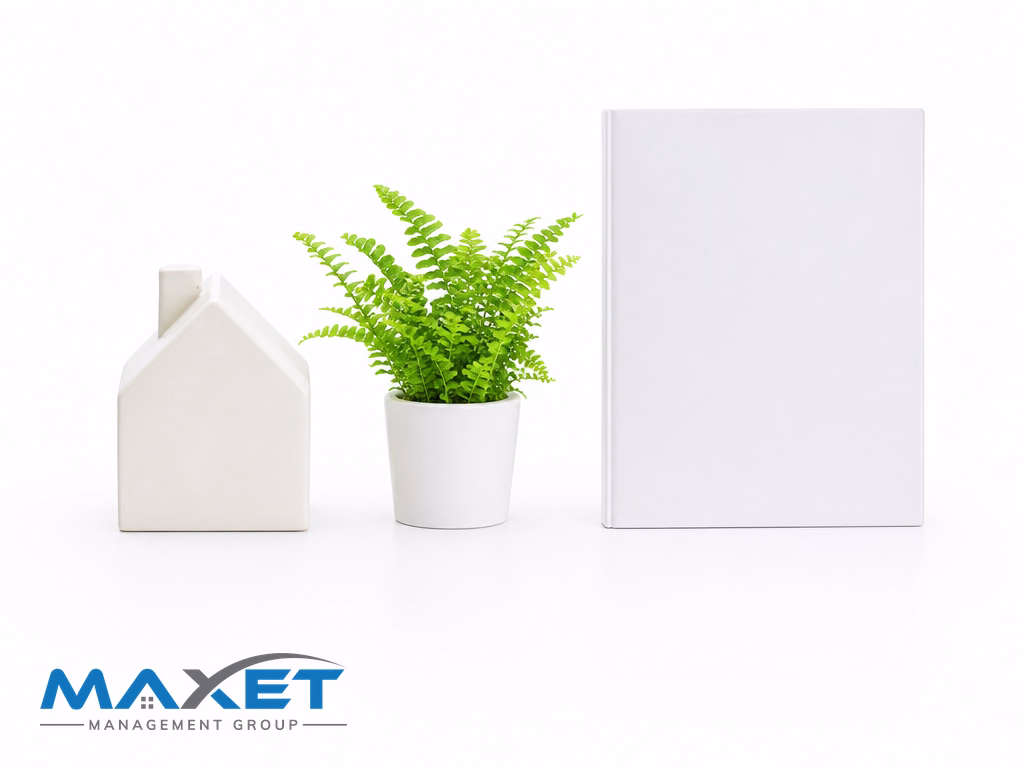 White ceramic model house, green potted fern, and blank folder representing a planned community ready for first residents