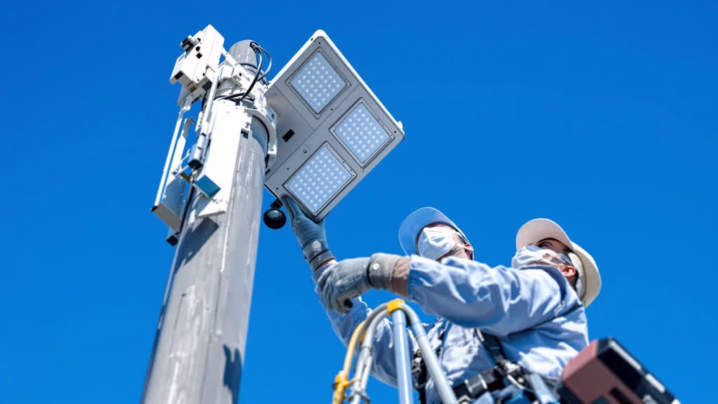 LED light fixture installation on a pole in an HOA community common area in coastal Florida