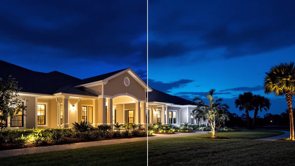 HOA community clubhouse exterior at twilight showing new LED lighting retrofit in Bay County Florida