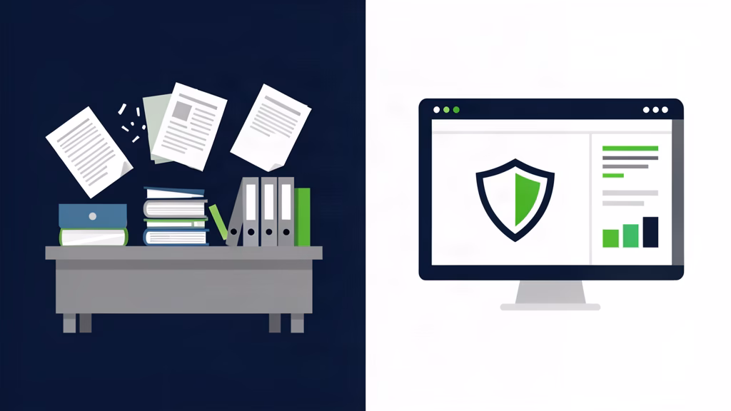 Contrast showing scattered paper records on the left versus a clean organized digital workspace with shield icon on the right, representing the transition from legacy to modern data management