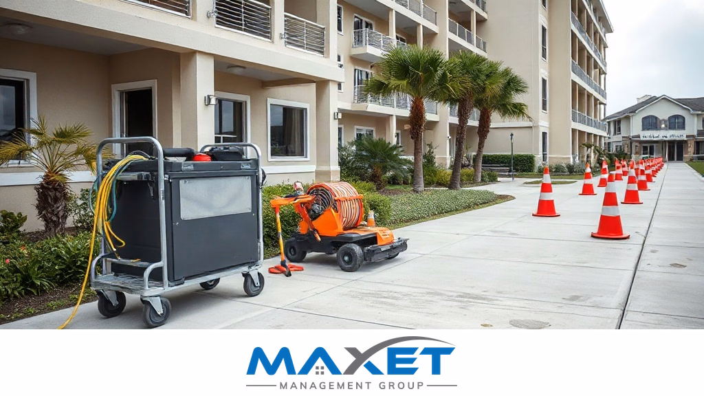 Coastal condominium common-area maintenance work area showing active rehabilitation and safe vendor coordination