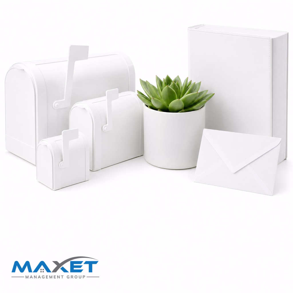 White ceramic mailboxes, green succulent, blank binder, and white envelope on a bright white studio surface representing STR certificate and registration tracking