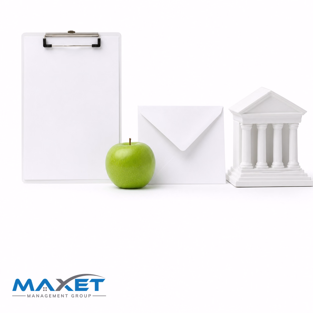 Blank white clipboard, green apple, blank envelope, and white ceramic civic building model on a bright white studio surface representing municipal code enforcement coordination