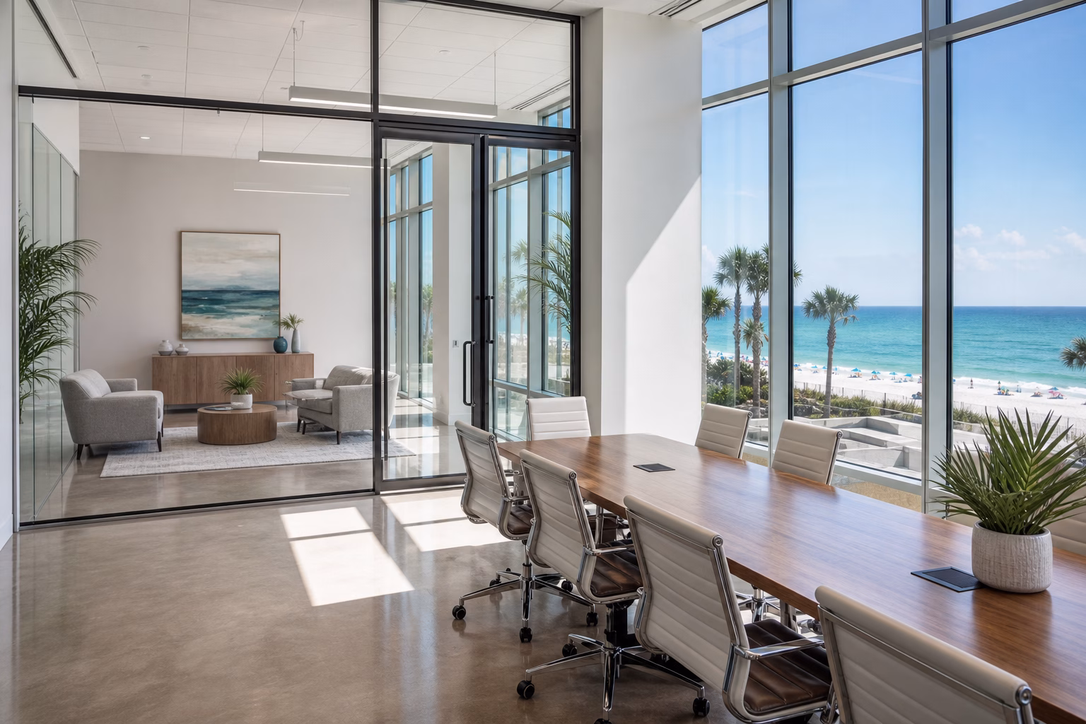Modern professional HOA management office in Panama City Beach, Florida showing a high-efficiency workspace.