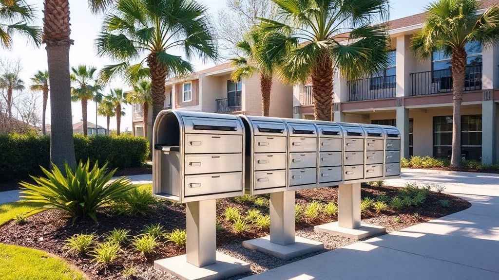 New modern cluster mailbox units installed in a clean Bay County Florida HOA common area with landscaped palms