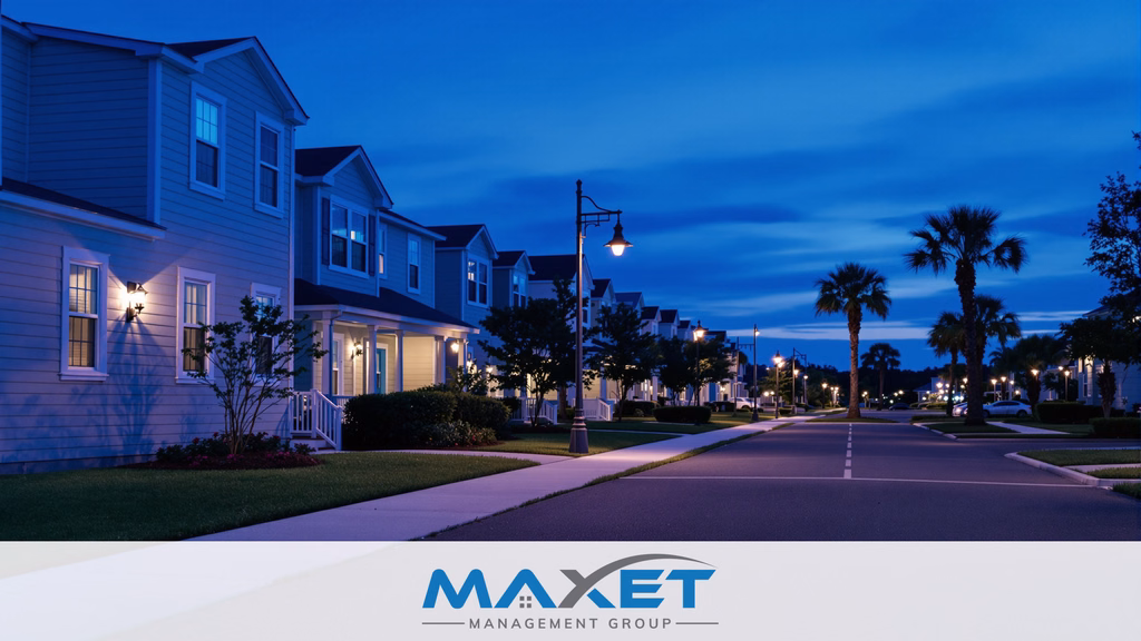 Quiet residential street at dusk in a Northwest Florida coastal community