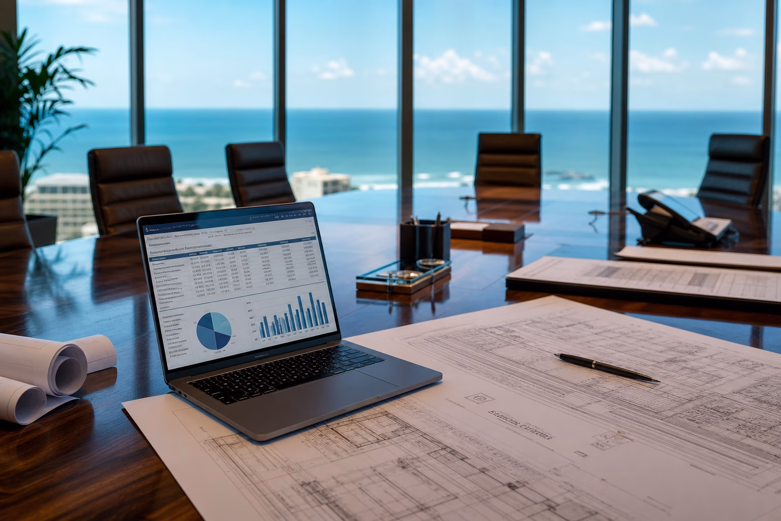 Board meeting room with financial spreadsheets and Gulf view