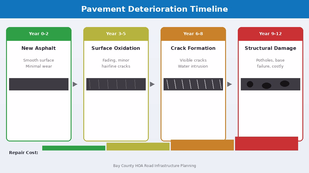 Pavement deterioration timeline showing four stages of asphalt aging from new surface to structural damage for Bay County HOA roads