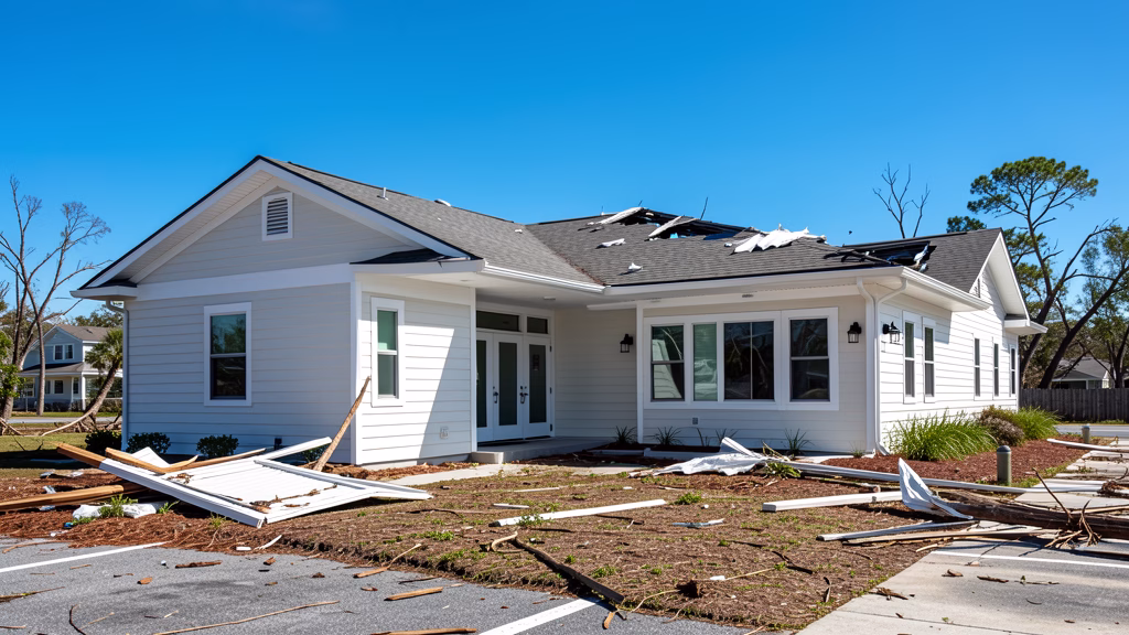 Coastal community association building in Northwest Florida after hurricane with organized recovery efforts underway