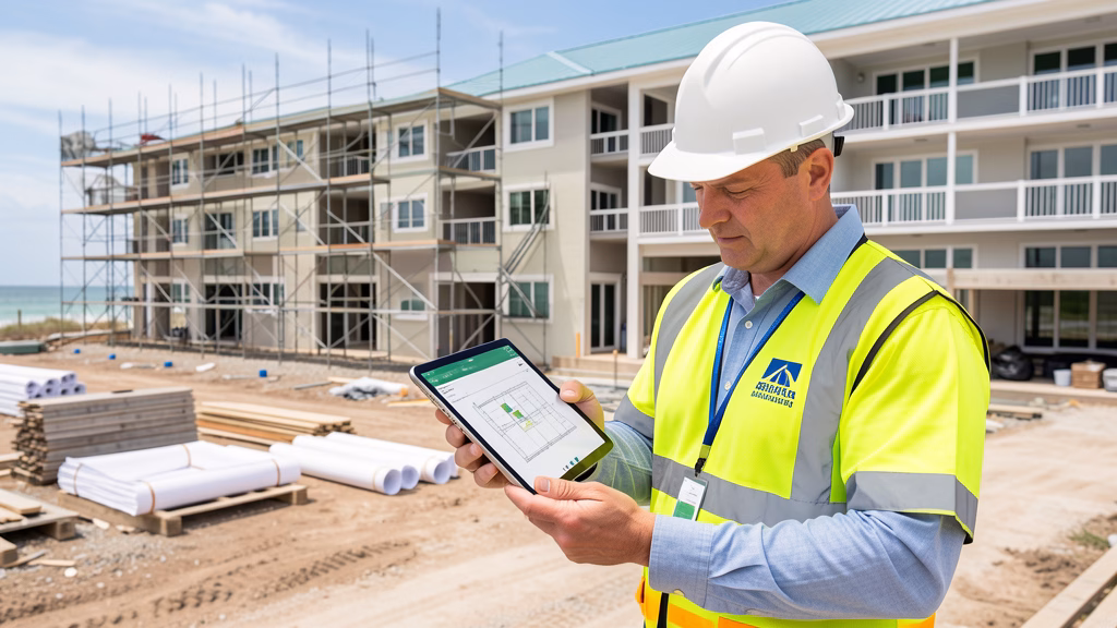 Construction manager using tablet with digital plans for hurricane repair at a Panama City Beach condominium complex