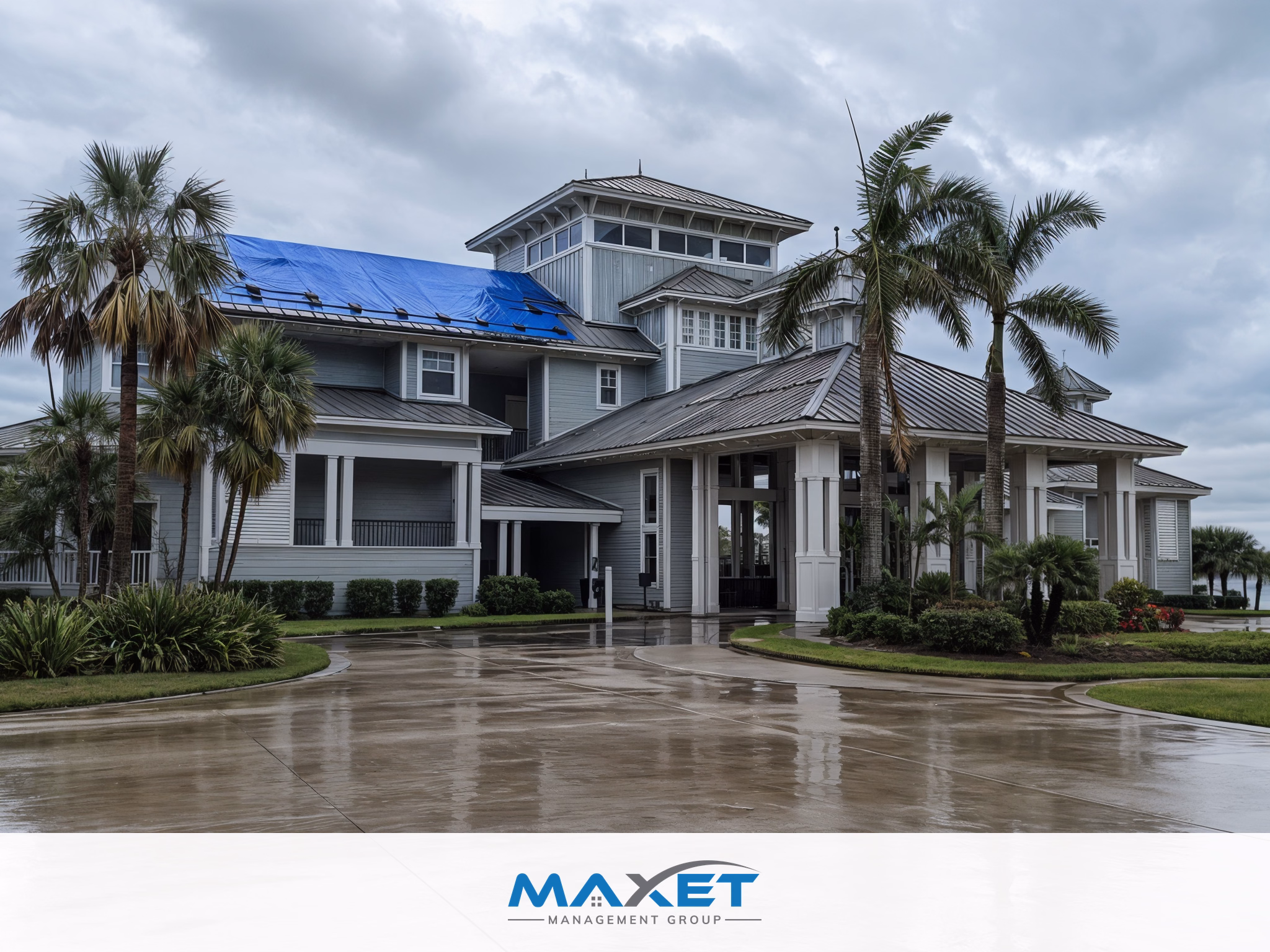 Storm-damaged HOA clubhouse roof with blue tarpaulin covering in Bay County, Florida after hurricane