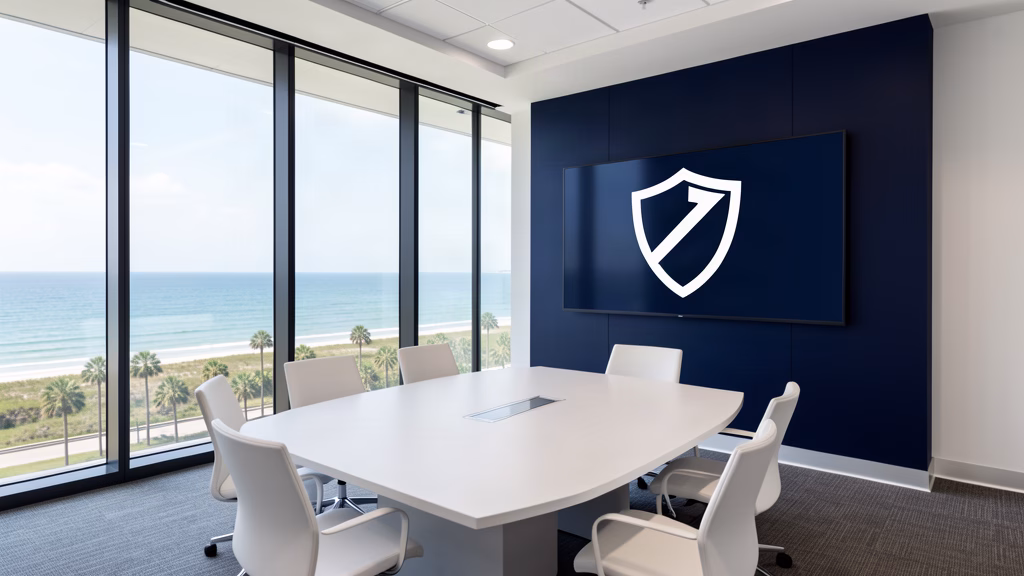 Modern corporate boardroom overlooking the Gulf of Mexico with a privacy shield symbol, representing secure data governance for Bay County associations