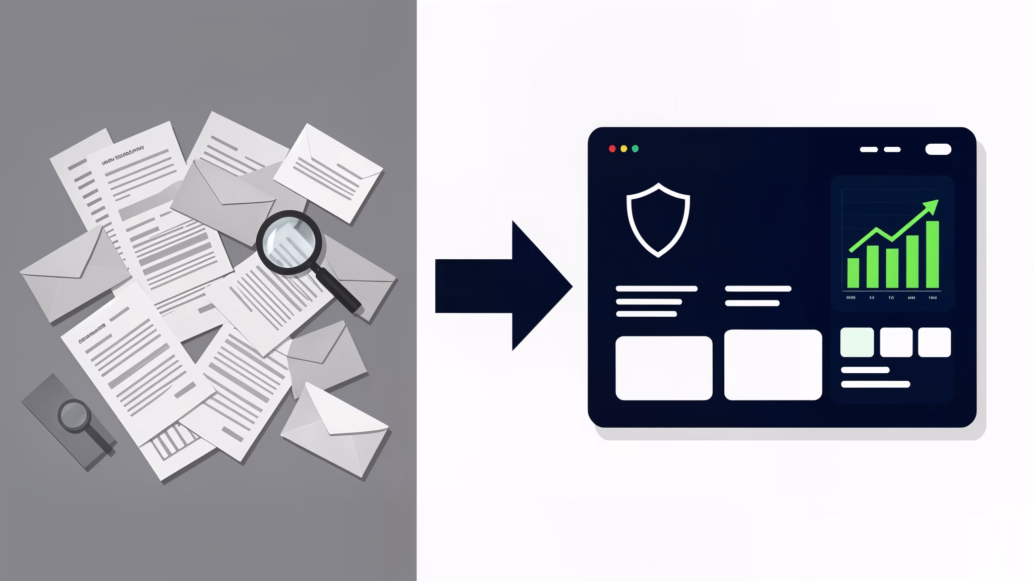 Split composition contrasting paper-based proxy voting chaos with clean digital verification dashboard, navy and slate grey corporate graphic