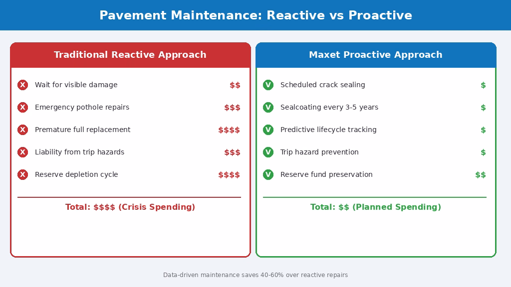 Cost comparison chart showing reactive emergency repairs versus proactive pavement maintenance scheduling for Bay County HOA communities