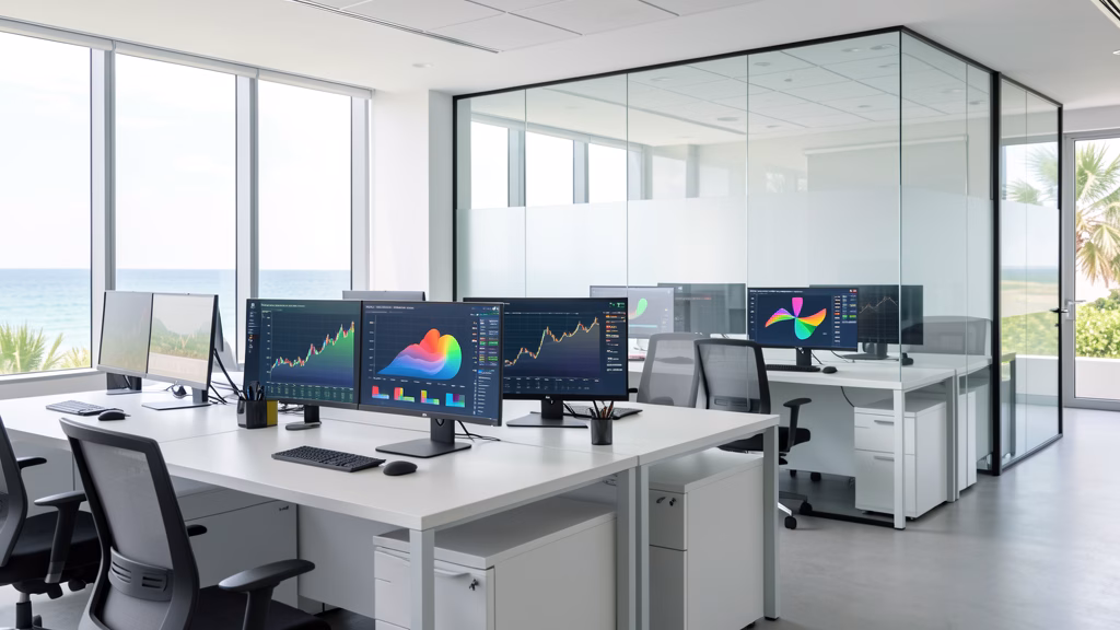 Monitors displaying financial data dashboards in a modern coastal Florida office