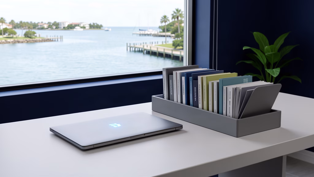 Organized records and secured laptop on a management office desk