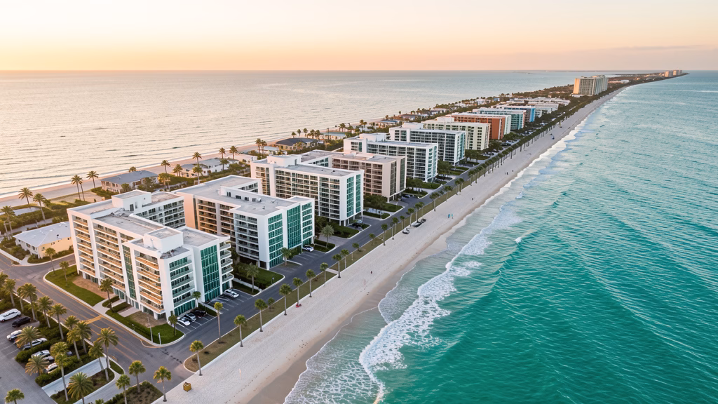Aerial view of coastal condominium buildings along Panama City Beach at golden hour