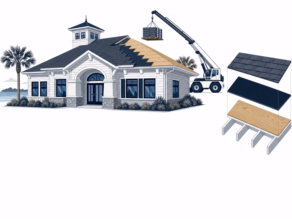 Architectural cross-section illustration of a scheduled roof replacement process for a coastal community association