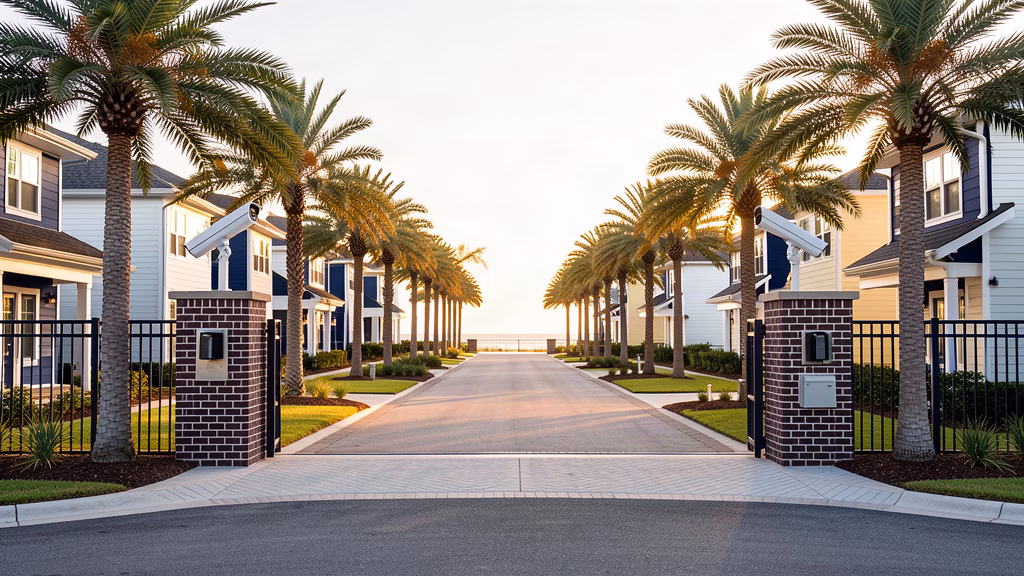 Modern security cameras at a gated community entrance in Northwest Florida with coastal landscaping