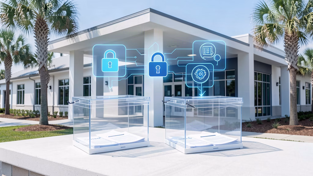 Transparent ballot boxes with digital encryption icons outside a modern Northwest Florida community association building