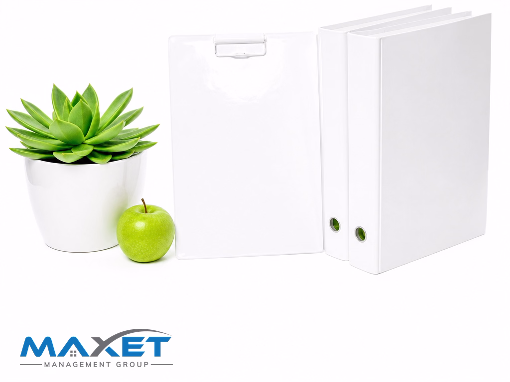 Blank white clipboard, binders, green succulent, and pen representing vendor contract organization for developer-controlled HOAs