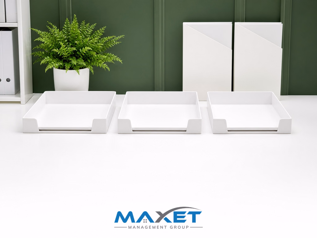 Clean white workbench with organized task trays and folders representing vendor coordination