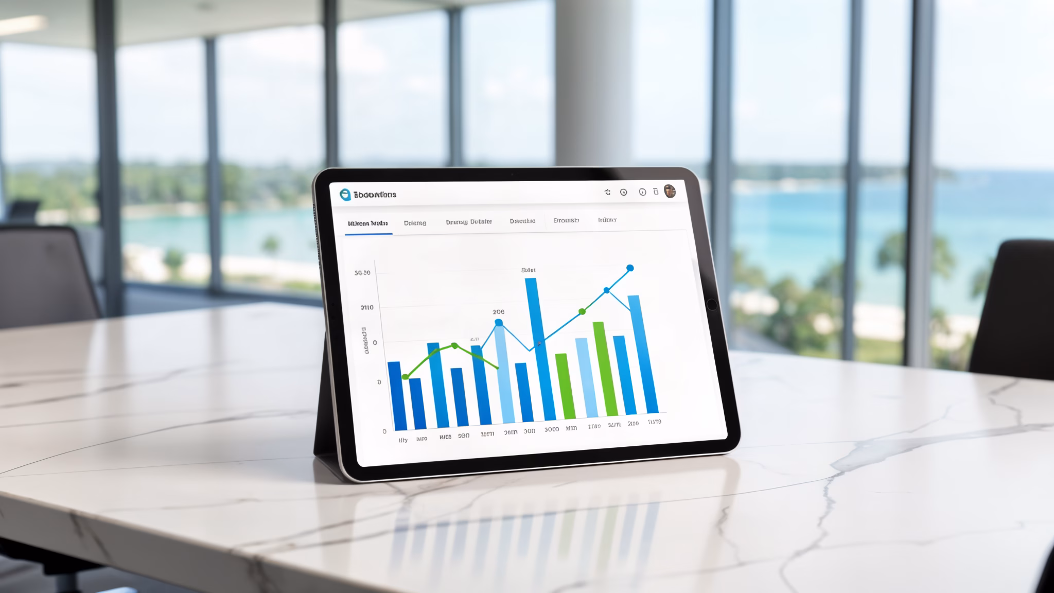 Tablet displaying abstract vendor performance metrics on a marble conference table