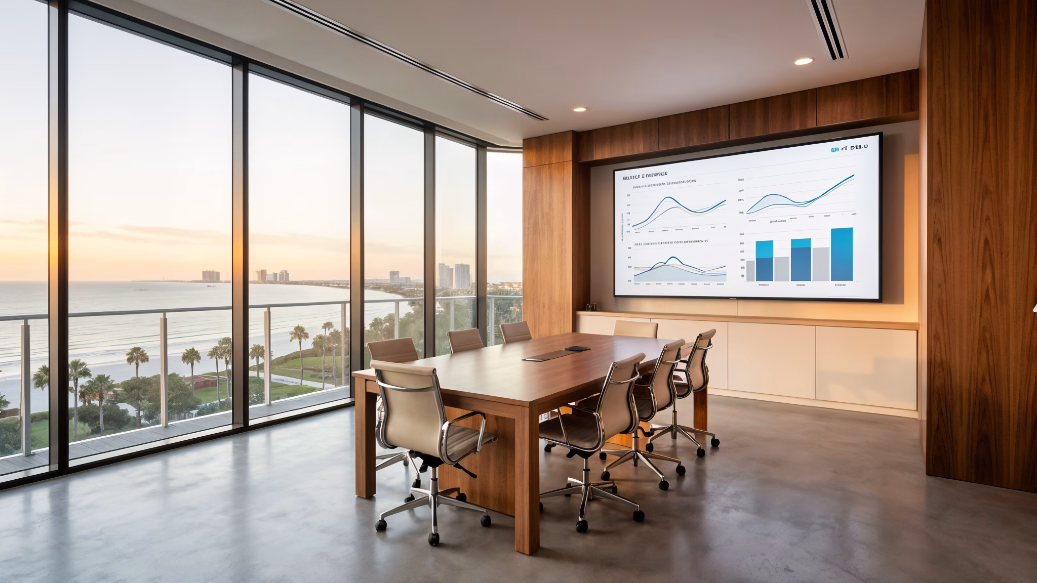 Modern conference room overlooking Panama City Beach with data visualization display